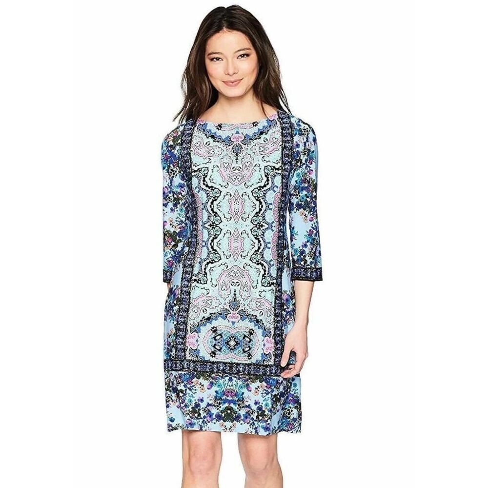 London Times Paisley Floral Print Shift Dress 3/4 Sleeve Light Blue Pink Sz 14